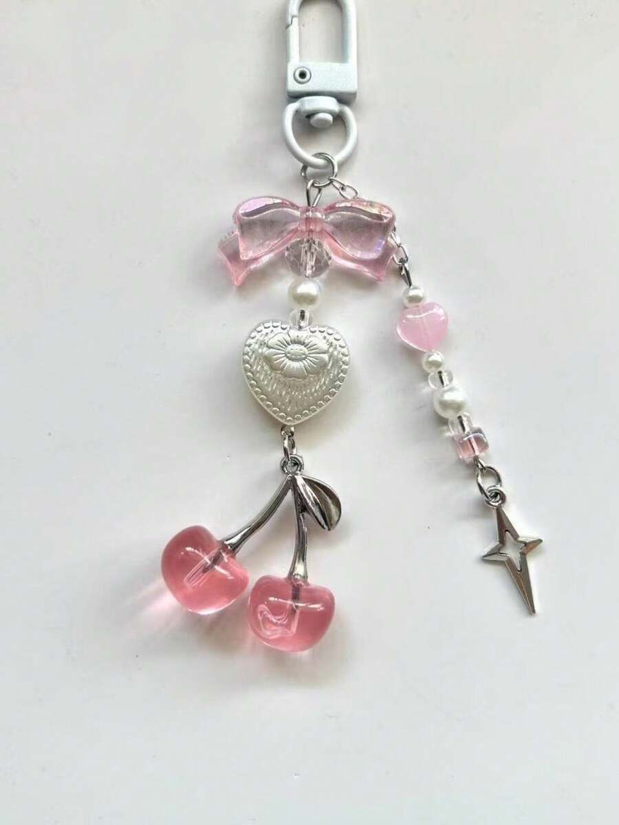 1 件男女通用樱桃钥匙扣，时尚蝴蝶结吊坠，奢华风格精致包包饰品圣诞礼物 - 彩色 - 查看 1