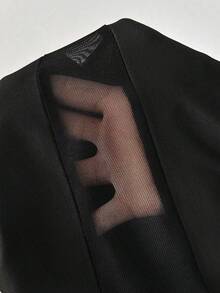 Elegant Women's Black Fitted Mid-Length Dress, Stand Collar, Semi-Sheer Mesh Long Sleeves, Slit Hem, Knit Fabric