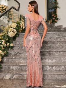 UNITHORSE [Random Cut] Sequin Decorated Tassel Hem Dress, Elegant For Gala, Wedding Guest, Graduation Ceremony, Evening Party, Bridal Shower