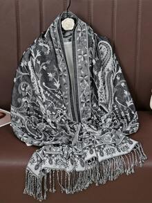 1 件女士佩斯利围巾波西米亚羊绒披肩，适合日常生活和节日庆典 - 灰色 - 查看 1