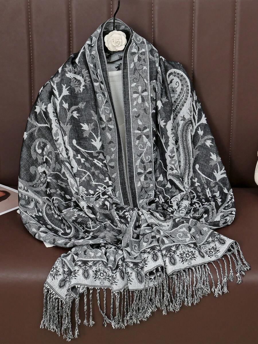 1 件女士佩斯利围巾波西米亚羊绒披肩，适合日常生活和节日庆典 - 灰色 - 查看 1