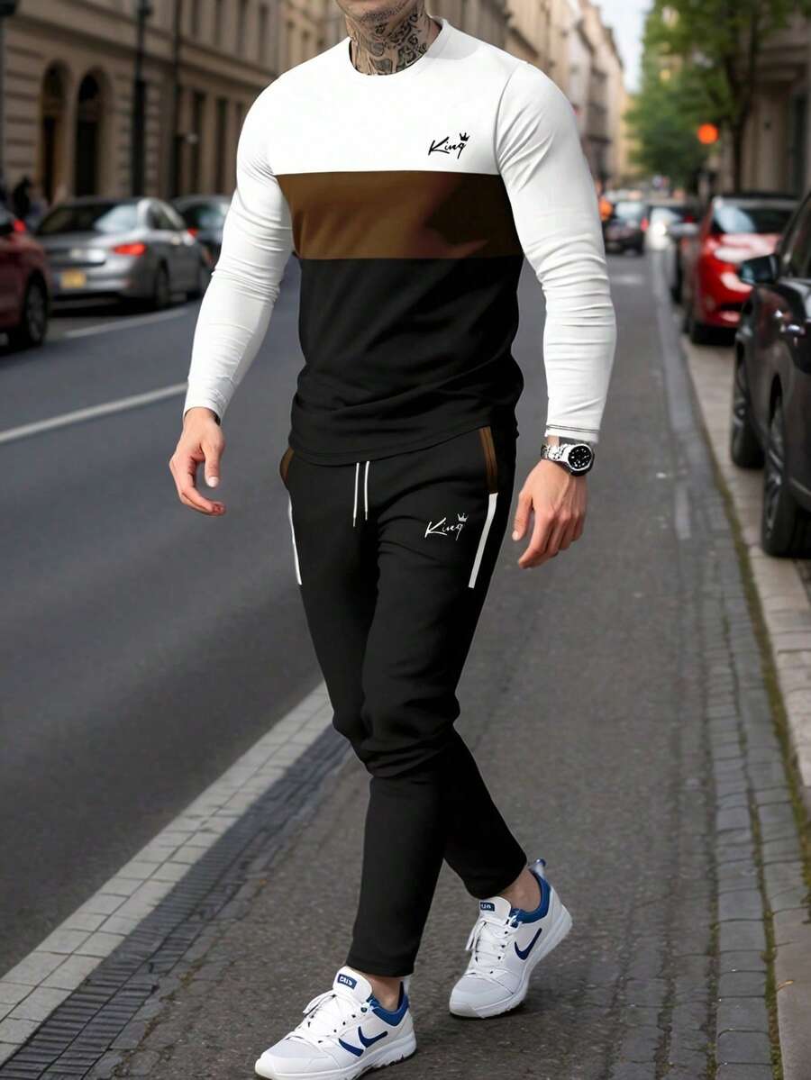 Men's Printed Crew Neck Long Sleeve T-Shirt And Pants Set