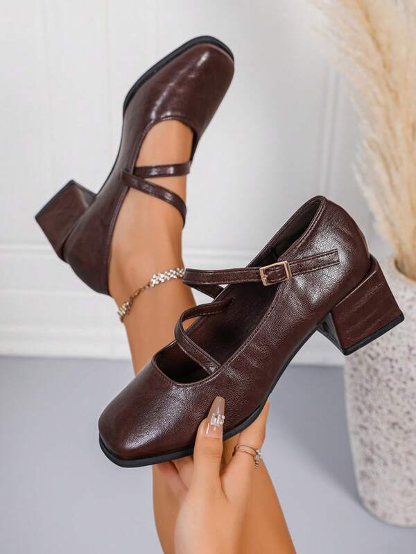 2025 New Comfortable, Versatile, Casual, Non-Tiring, Fashionable, Commute-Friendly, Buckle & Strap Decor, Square Toe, Retro Elegant Women's Chunky Heels Pumps