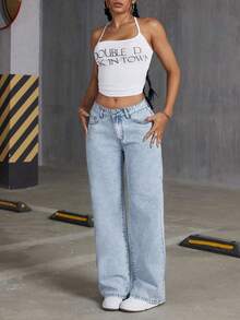 Teen Girls Loose Fit Butterfly Print Denim Wide Leg Pants