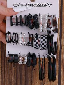 5-15 Pairs Colorful Exaggerated Gold-Plated C-Shaped Beaded Acrylic Resin Earrings, Versatile Set