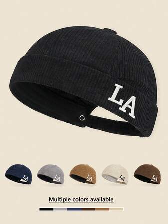 1 pieza Gorra de marinero de pana con bordado de LA, unisex, ajustable, vintage, sombrero sin ala de moda, adecuado para ropa urbana, motocicleta, casual, hip-hop