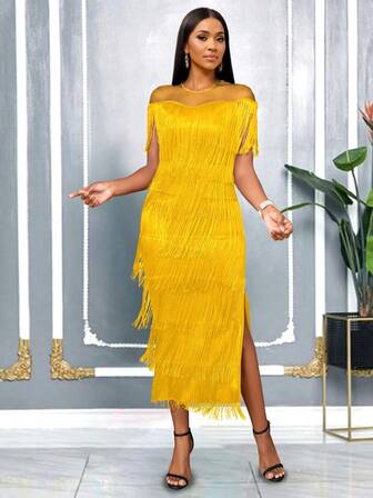 Vestido largo con flecos para mujer AOMEI, rojo, de Navidad, para baile, fiesta, evento, ocasión especial, banquete, cita, cumpleaños, primavera, con parches, malla transparente, ajustado, de fiesta