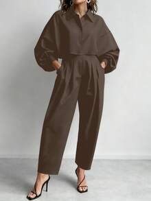 HUTENER Plus Size Women 2 Pieces Set - Lantern Sleeve Solid Color Lapel Button Design Blouse + Pocket Ruched Long Pants, Suitable For Commuting, Business, Office Elegant Spring - Chocolate Brown - View 2