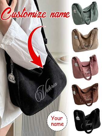 1pc Customize Embroidered Name Single Shoulder Crossbody Bag,Lazy Style Japanese Literary ,Chic Student Casual Korean Version Dumpling Bag With Adjustable Strap,Zipper Closure, Polyester Lined, Solid Color, Edge Paint Detail - For Fashionable Women - Suitable For Everyday Use, Travel, Shopping - Perfect Gift For Teen Girls & Young Women,Christmas Gifts, Easter Gifts, Birthday Gifts, Teacher Gifts