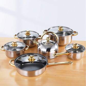12pcs Non Stick Pot Set, Gold Handle, Cross-Border Five Layer Double Bottom Pot Set, Stainless Steel Pot Set