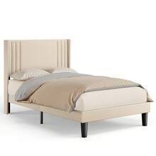 Asofer 120 x 200 cm Bettrahmen mit Ohrendesign-Kopfteil, gepolstertes Plattformbett mit moderner geometrischer Optik, Holzlattenunterbau, unkomplizierte Montage, dekorativer Wohnbegleiter - Beige - Übersicht 6