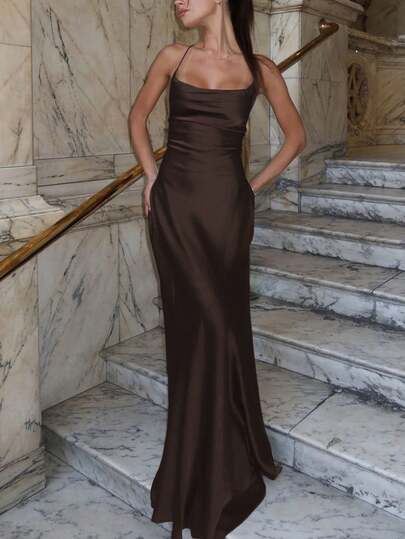 Women Summer Solid Backless Lace Up Satin Long Dress Bodycon Sexy Slim Elegant Party Dress Prom Evening Clothes