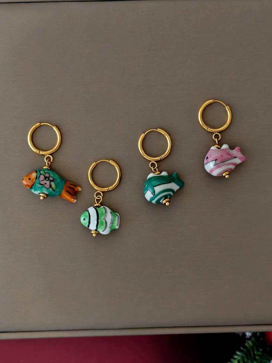 1pc Y2K Stainless Steel Multi-Color Hand-Painted Ceramic Small Fish Pendant Earrings, Suitable For Thanksgiving, Christmas, Autumn/Winter Daily Wear