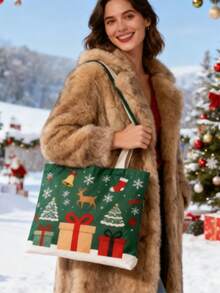 Bolso de lona grande con estampado personalizado para el hombro de mujer, adecuado para Navidad y otoño/invierno