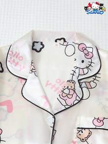 SANRIO 3件套女士睡衣套装，Hello Kitty领短袖纽扣口袋上衣搭配蝴蝶结长裤和短裤，休闲家居服，秋冬服装 - 白色 - 查看 3