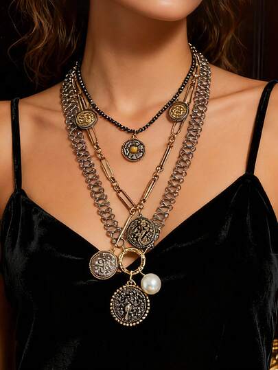 1pc Vintage Stylish High-End Design Alloy Badge, Antique Coin & Faux Pearl Pendant Multi-Layer Necklace