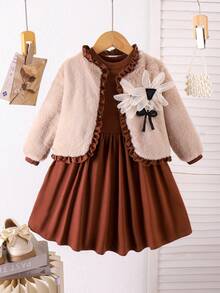 2pcs Young Girl Sweet Floral 3D Plush Long Sleeve Jacket And Solid Waist Dress Set, Autumn/Winter