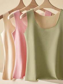 5pcs Plus Size Women's Thermal Fleece Lined Solid Color Seamless Double-Sided Velvet Warm Vest