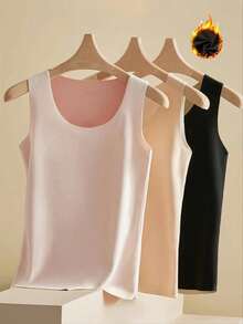 5pcs Plus Size Women's Thermal Fleece Lined Solid Color Seamless Double-Sided Velvet Warm Vest