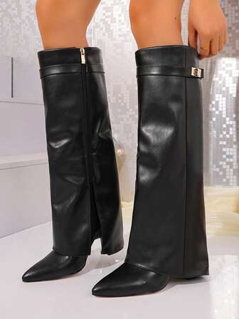 女士秋冬新款粗跟反拉链皮革及膝靴，时尚