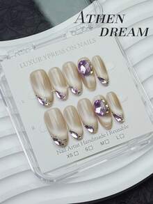 10 pezzi di unghie finte ovali realizzate a mano, unghie lunghe, eleganti unghie color champagne, unghie gatto brillanti, grandi gemme di pietra viola, unghie autunnali semplici ed eleganti di lusso, unghie finte autunnali, unghie versatili fai-da-te per feste, uso quotidiano e appuntamenti, adatte per vacanze al mare e tropicali, riutilizzabili, per donne e ragazze come regalo e forniture per unghie