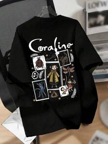 Women's Summer Cartoon And Slogan Graphic Round Neck Short Sleeved T Shirt ,Casual Loose And Versatile Holiday Style Tops,Fashionable Summer Outfits Suitable For Daily Holiday Wear,Halloween Costumes Women,Shalloween Atmosphere,Halloween Caroline And Ghost Graphic-White And Navy Off-The-Shoulder Cropped Top - màu đen - Xem 4