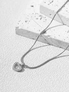 Tkool 1pc Women's Pendant Necklace, Minimalist Layered Design, Stainless Steel Cubic Zirconia Heart Pendant Necklace, Versatile Daily Wear & Gift Accessory - Silver - View 2