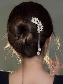 1pc Pearl & Rhinestone Inlaid Metal Hair Clip With Tassel Pendant, Minimalist Modern Hair Accessory