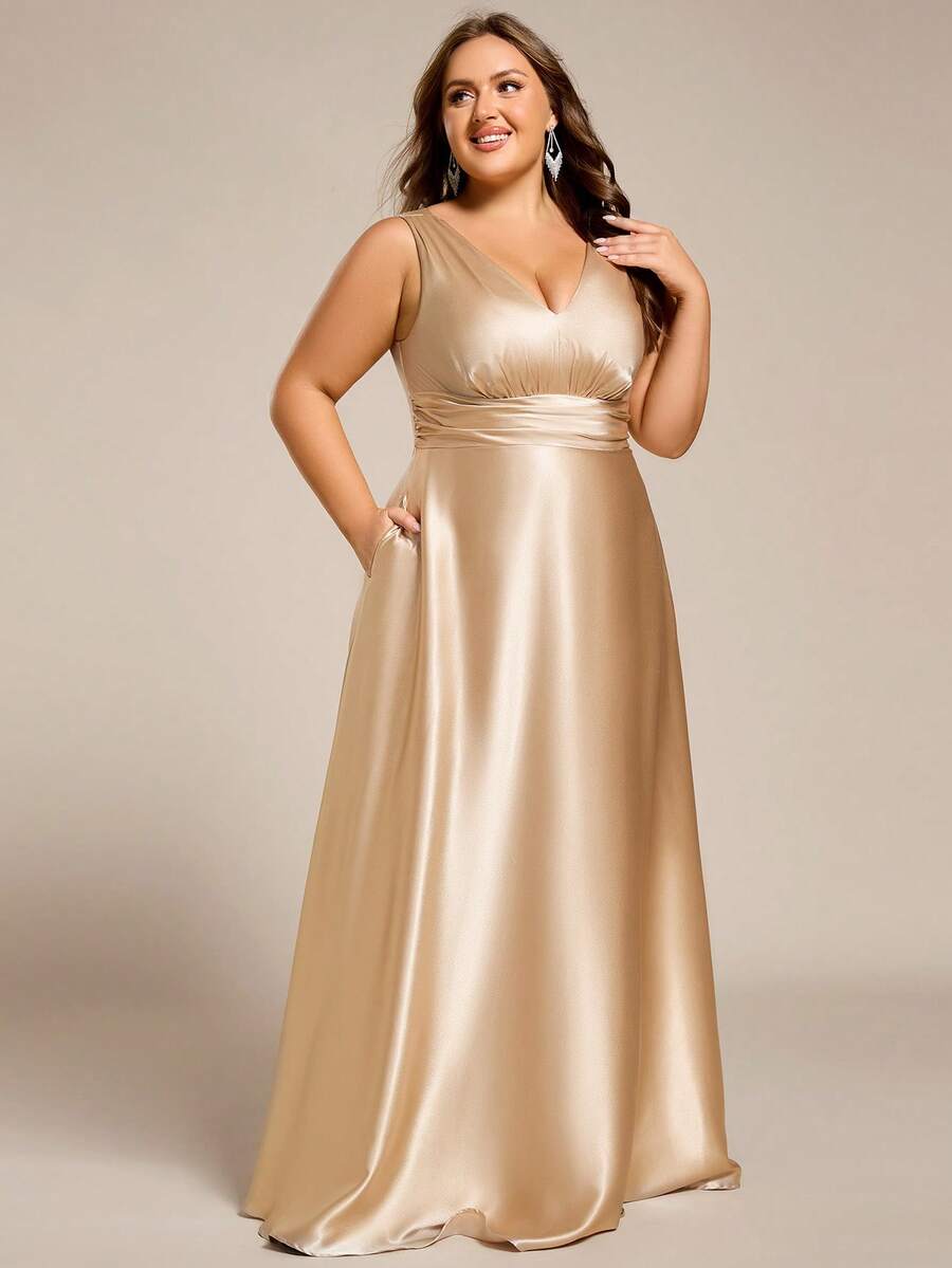 Elegant Sage Green V-Neck Satin Sleeveless V Neck Maxi Champagne Bridesmaid Dresses Formal Dresses - Champagne - View 1