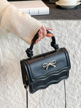 Fashion Solid Color Handbag, Casual Crease Flap Small Square Bag With Bowknot Metal Hardware Lock Closure, Tote Shoulder Crossbody Bag For Women, Spring/Summer New