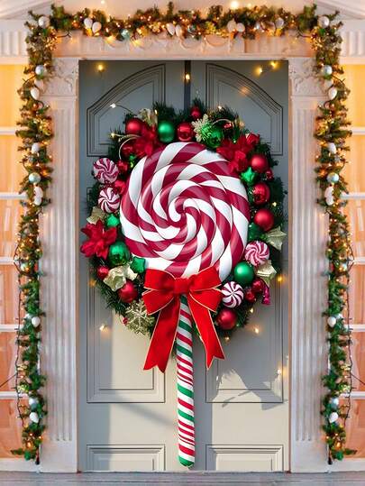 1 件巨型棒棒糖和圣诞花环图案门罩，节日圣诞风格耐用面料大尺寸门装饰，配有生动的小饰品、红色蝴蝶结和串灯细节，营造节日气氛，为圣诞派对、冬季前门展示营造圣诞门挂装饰