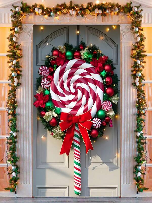 1 pieza Decoración de puerta con diseño de Piruleta gigante y corona de Navidad, estilo navideño festivo de tela duradera de gran tamaño con adornos vívidos, lazo rojo y detalles de luces de cadena, creando ambiente navideño para decoración de puerta de entrada para fiesta de Navidad, temporada invernal