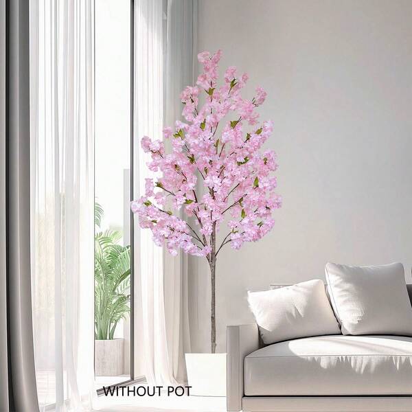 1pc 200CM Artificial Cherry Blossom Tree With Plastic Pot & Moss, House Ornament Fake Plant For Wedding Home Living Room Decoration, Indoor Outdoor Use, For Christmas Thanksgiving Halloween