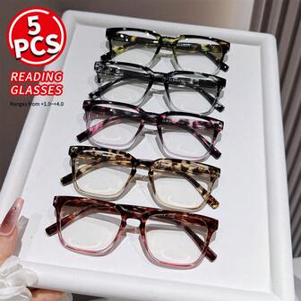 5 Pairs/Set Of Y2K Elegant Glasses With Multi-Color/Gradient/Leopard Print Combination Square Frame For Women's Computer Games, Reading Glasses With Clear Magnification+1.0 To+4.0. It Is A Fashionable, Simple And Versatile Item Suitable For Both Elders And Personal Use