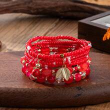 4pcs/Set Multi-Layer Beaded Bracelet Set, Vintage Bohemian Style Leaf Pendant Layered Bracelet Accessories For Women Daily Wear