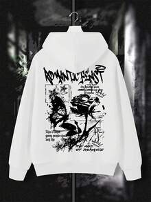 K-GLORY 男士连帽衫，休闲街头风蝴蝶玫瑰英文标语印花抓绒套头卫衣，秋冬款 - 白色 - 查看 5