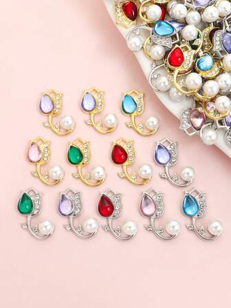 10 Stücke zarte 8-farbige Glas-Einlegearbeiten Tulpen Charms mit Strass und Kunstperlen Dekor, elegantes Blumendesign Legierung Anhänger für DIY Schlüsselbein Kette Halskette Ohrringe Armband Brosche - Ideales Geschenk für Damen am Valentinstag oder Muttertag