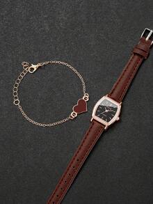 2 件套女士时尚皮革表带桶形简约表盘石英手表和心形手链，经典优雅 - 棕色 - 查看 4