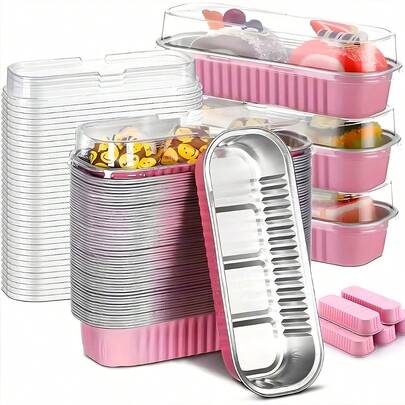 40pc/100pc Aluminum Foil Mini Cake Tray With Lid And Spoon, Mini Rectangular Aluminum Foil Baking Tray, Suitable For Cake Molds And Small Cake Cups. These Rectangular Cake Molds Are Perfect For Gifting, Daily Baking And Christmas Use