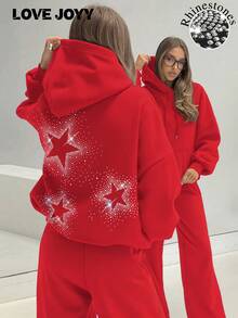 Women's Red Polyester Hooded Long Sleeve Pullover Sweatshirt With Drawstring And Rhinestone Star Decor, Showcasing Fashionable Style - Red - View 1