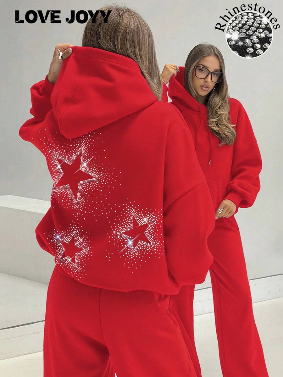 Women's Red Polyester Hooded Long Sleeve Pullover Sweatshirt With Drawstring And Rhinestone Star Decor, Showcasing Fashionable Style - Red - View 1