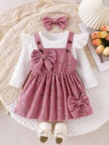 3 件套女婴套装:纯色长袖 T 恤上衣、带 3D 蝴蝶结装饰的花卉背带裙和蝴蝶结头带 - 粉色 - 查看 3