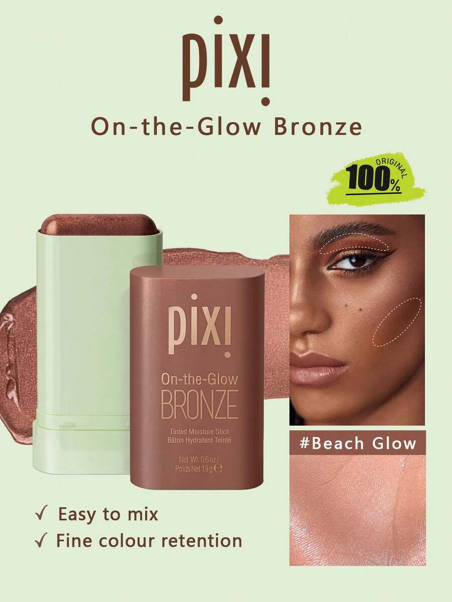 Pixi ON-THE-GLOW BRONZE Beach Glow,Dewy Creamy Texture,Deep Cocoa Tone,Smooth Balm,Beach Glow,Natural Contouring,Satin Sheen,Contour & Highlight Duo,Multi-Use Balm,19g/0.6oz. - Beach Glow - View 1