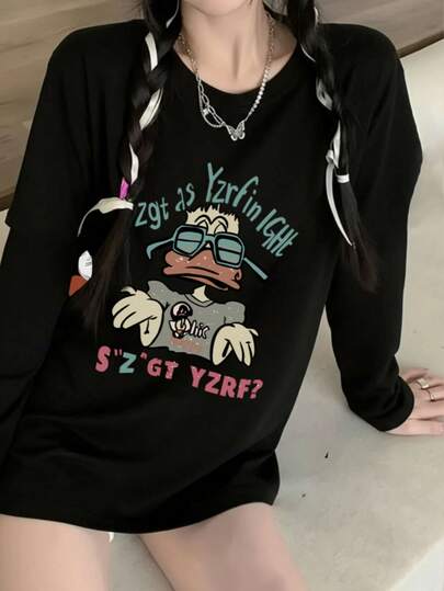 Women's Loose Fit Cotton Letter & Duck Cartoon Print Long Sleeve T-Shirt, Versatile For Spring & Autumn