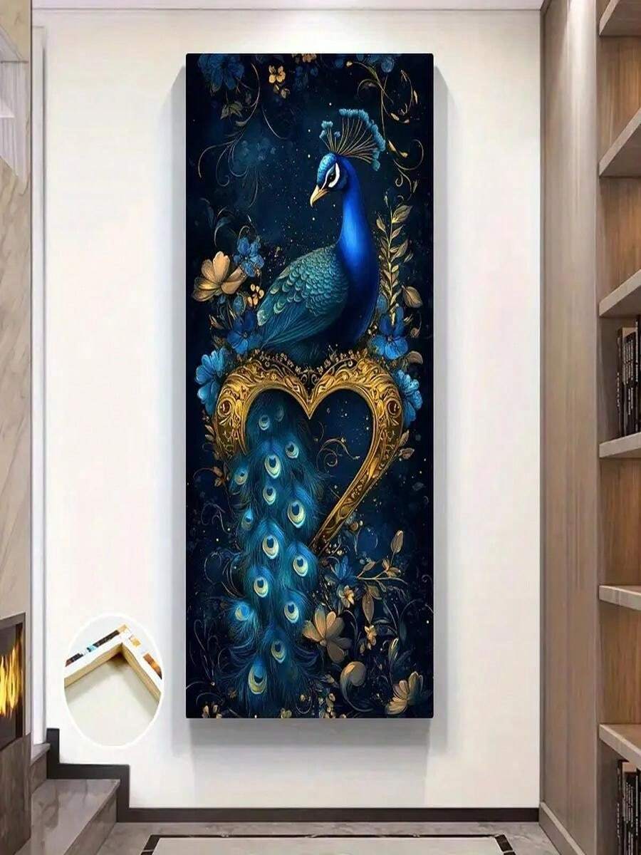 1 Pc 30*40cm(12*16inch) Delivery In As Fast As 1 Business Day One Framed Peacock Poster, Large Blue And Gold Wall Art, Heart Shaped Wall Decor, Romantic Poster, Detailed Canvas Artwork, Floral Art Print, Home Decor, Painting, Room Aesthetic, Wall Decor Print, Gift, With Frame - Indoor And Outdoor Use, Modern And Art Deco Style, Suitable For Living Room, Bedroom, Office Or Classroom, Bedroom Wall Decor Art Deco Style Detailed Canvas Art, Peacock Decoration