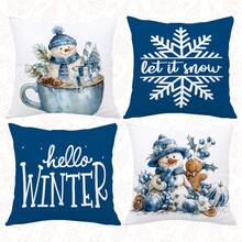 4pcs Christmas Blue Watercolor Snowman & Snowflake Illustration "Let It Snow & Hello Winter" Text Print Cushion Cover [No Pillow Insert], 17.7*17.7in(45*45cm), [Single-Sided Printing] Merry Christmas Holiday Decorative Polyester Pillow Case, Christmas Decor, Home Decor, Bedroom Decor