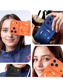 时尚高品质磨砂边 CD 图案磁性手机支架外壳适用于 17 Pro Max、14、16 Pro Max，硅胶全身保护套适用于 15、13、12、11 - 橘色 - 查看 6