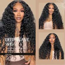 Xiayume 28 30 Inch 360 Lace Front Wigs Human Hair Invisi Strap 250 Density Deep Wave Lace Front Glueless Wigs Human Hair Pre Plucked With Drawstring 360 HD Full Lace Frontal Wigs For Women - Natural Black - 查看 2