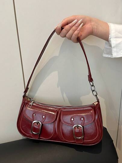 复古百搭皮革装饰拉链吊带腋下法棍包，新款纯色PU皮革女士小手提包