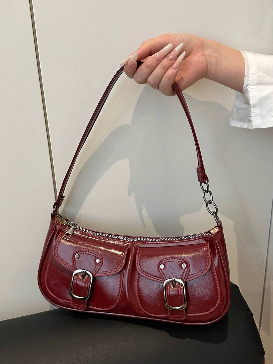 复古百搭皮革装饰拉链吊带腋下法棍包，新款纯色PU皮革女士小手提包 - 紅色 - 查看 1